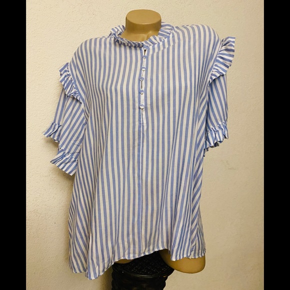 Mustard Seed Blue White Striped Top Ruffle NWT - Picture 3 of 5
